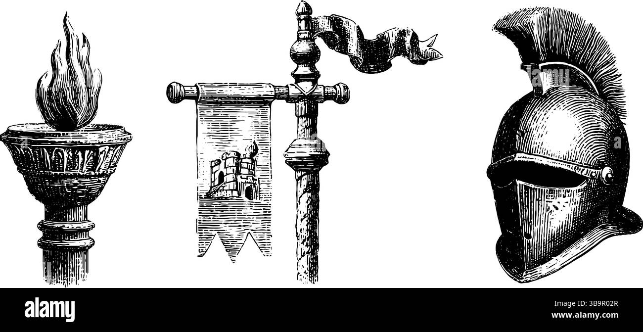 Elementi medievali incisi: Torcia del castello, striscione e casco per un design storico. Illustrazione Vettoriale