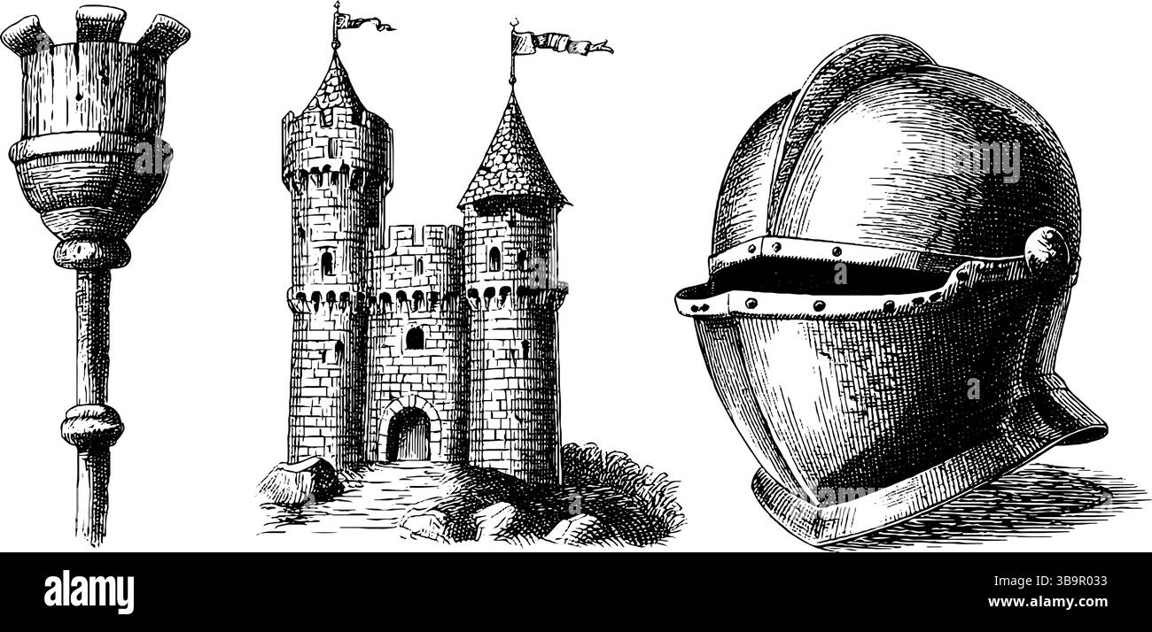 Castello medievale e elementi cavalieri: Torcia incisa, fortezza e casco per un design storico. Illustrazione Vettoriale