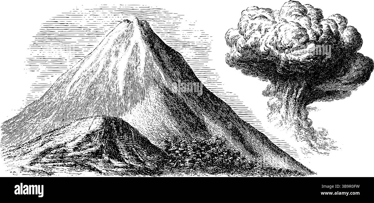 Dettagliate illustrazioni incise di vulcani e flussi lavici per uso artistico ed educativo. Illustrazione Vettoriale