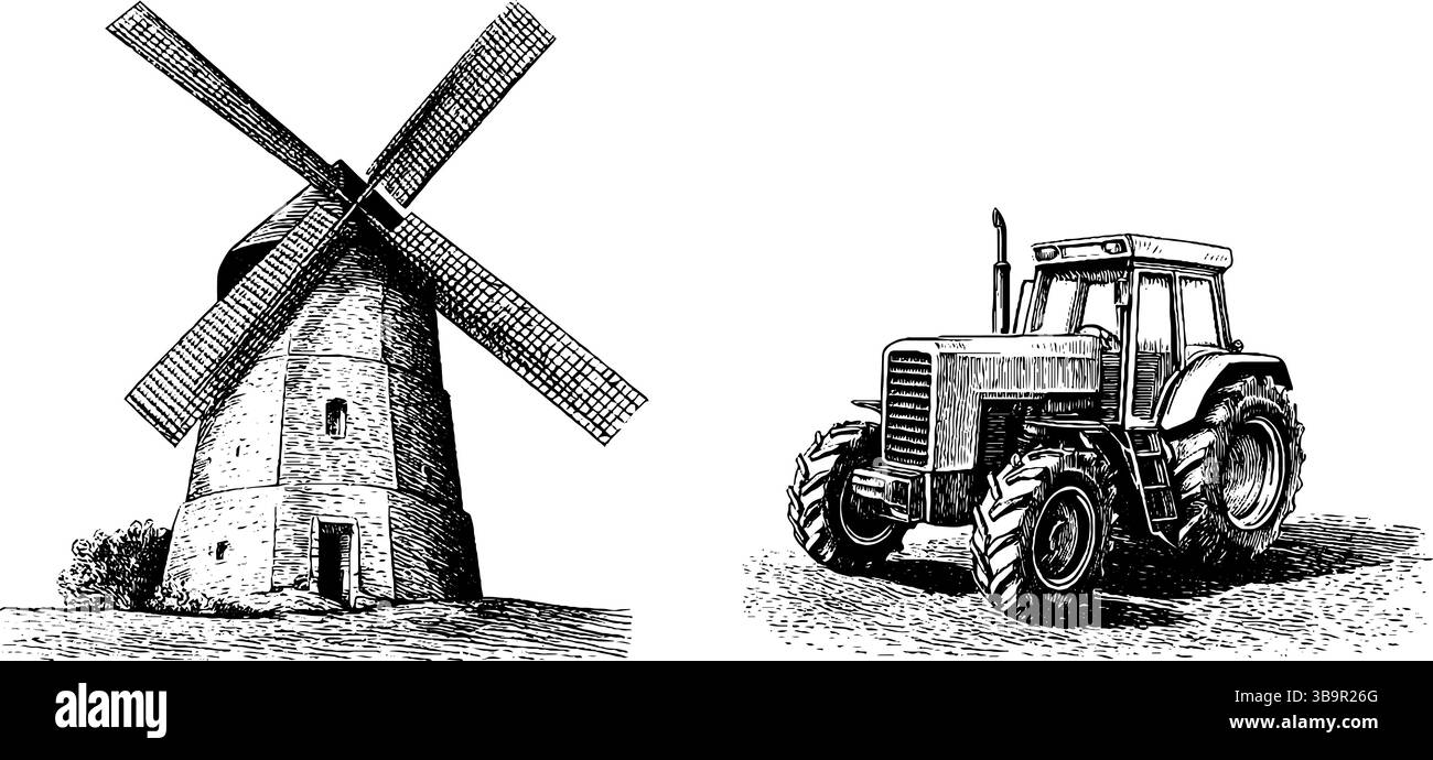 Scene di fattoria d'epoca con mulini a vento e illustrazioni di trattori per un design rustico. Illustrazione Vettoriale