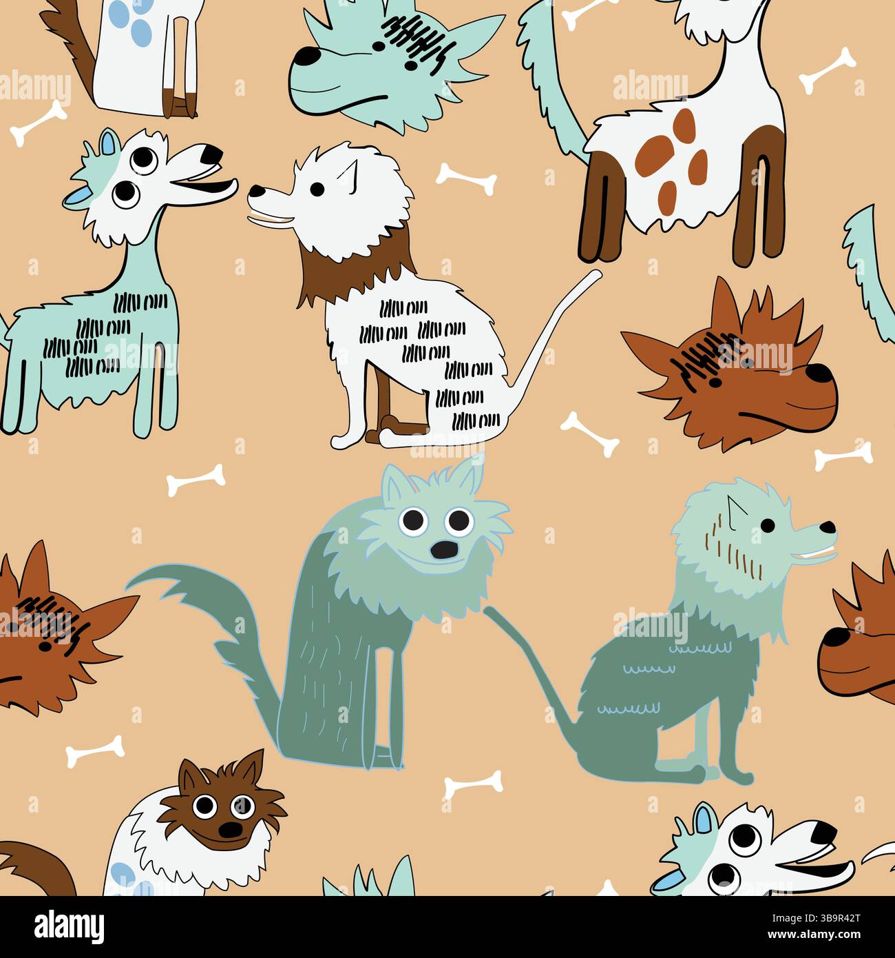 Motivo senza cuciture con simpatici cani disegnati a mano. Illustrazione vettoriale. Illustrazione Vettoriale