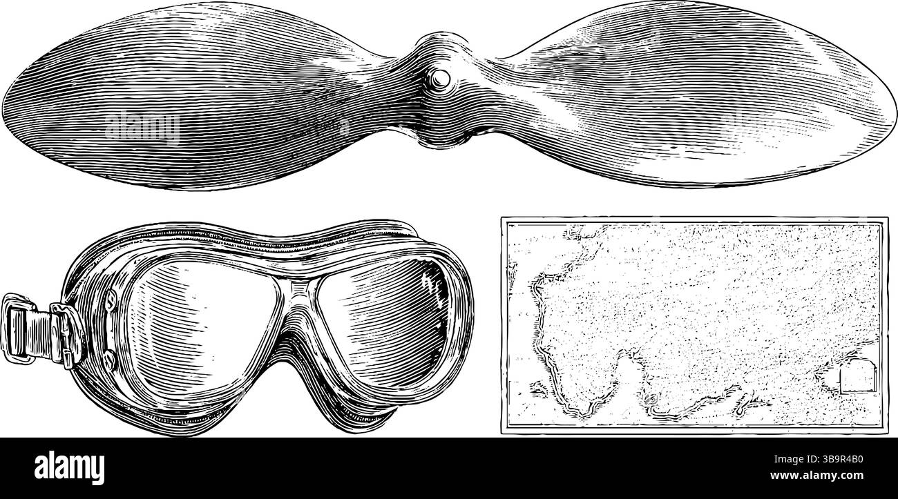 Elica per aeroplani d'epoca e occhiali di protezione incisi per disegni storici. Illustrazione Vettoriale