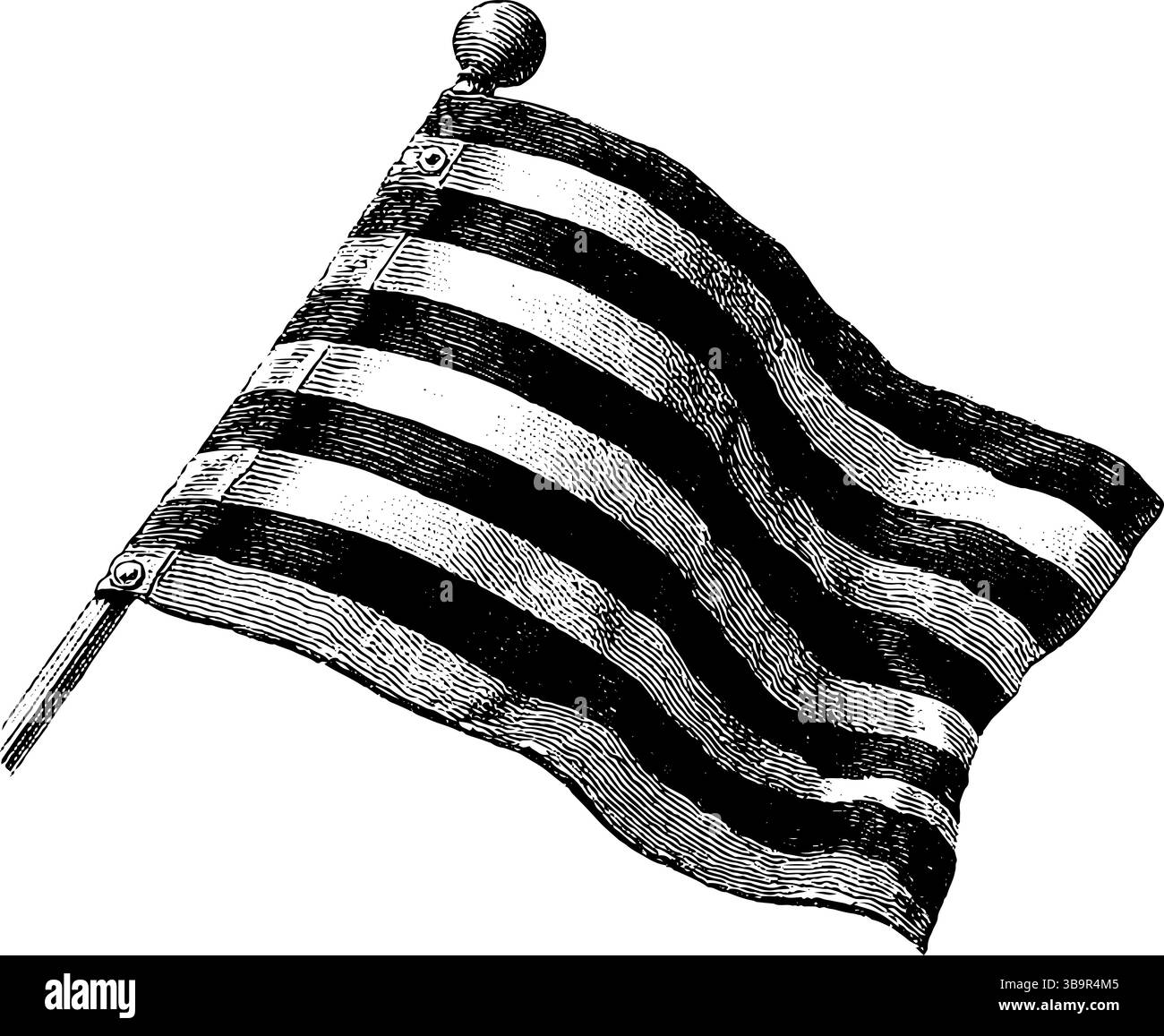 Illustrazione in bianco e nero incisa di una bandiera vintage per un design marittimo. Illustrazione Vettoriale