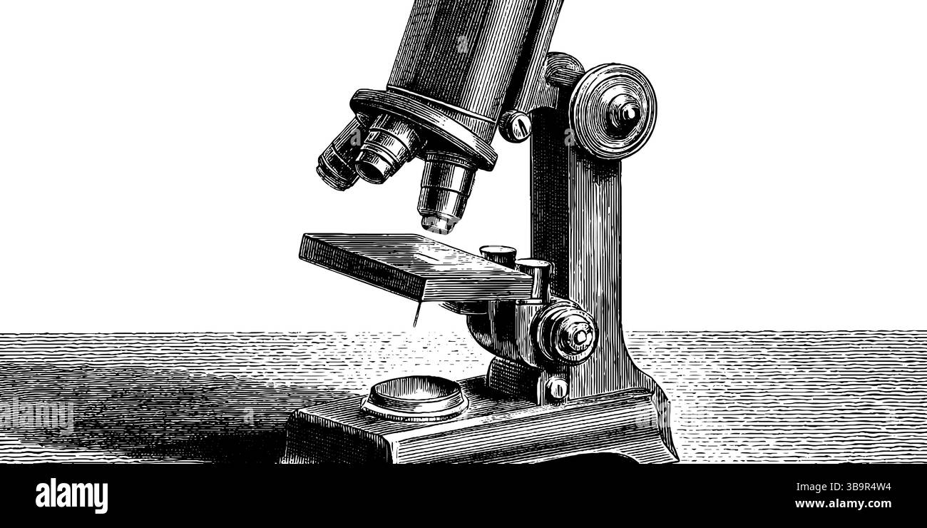Opere d'arte d'epoca incise del primo microscopio per la scienza storica e l'educazione. Illustrazione Vettoriale