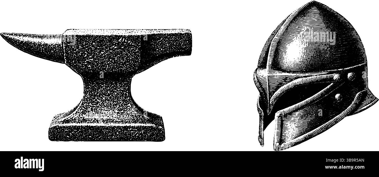 Utensili da fabbro d'epoca e set di incisioni su casco medievale per progetti di design storici. Illustrazione Vettoriale