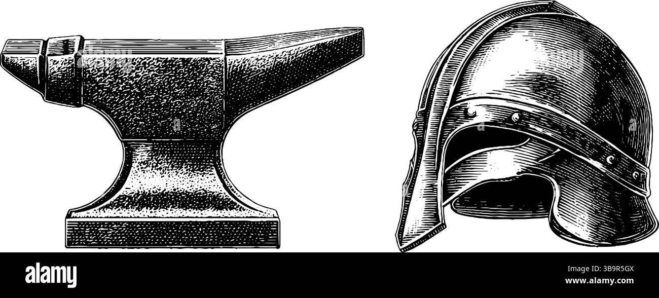 Utensili da fabbro incisi e armature medievali per un design storico. Illustrazione Vettoriale