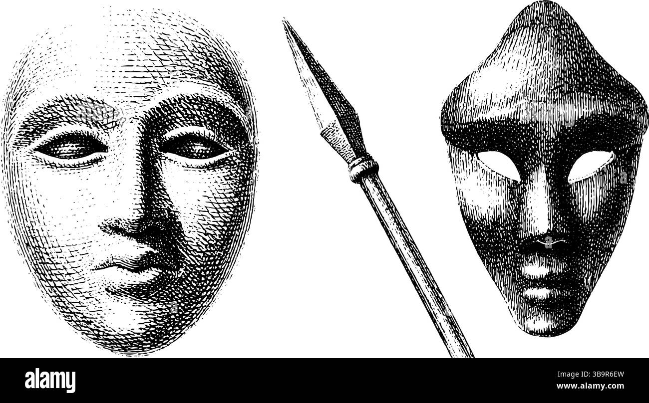 Storico set di illustrazioni incise con maschere da parete dell'anfiteatro e manufatti in lancia. Illustrazione Vettoriale