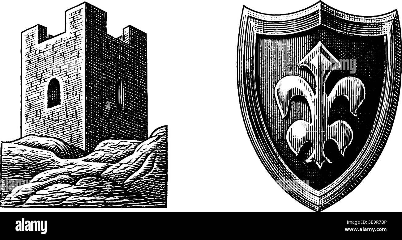 Mura medievali del castello e scudo in fleur-de-lis incisione per un design storico. Illustrazione Vettoriale