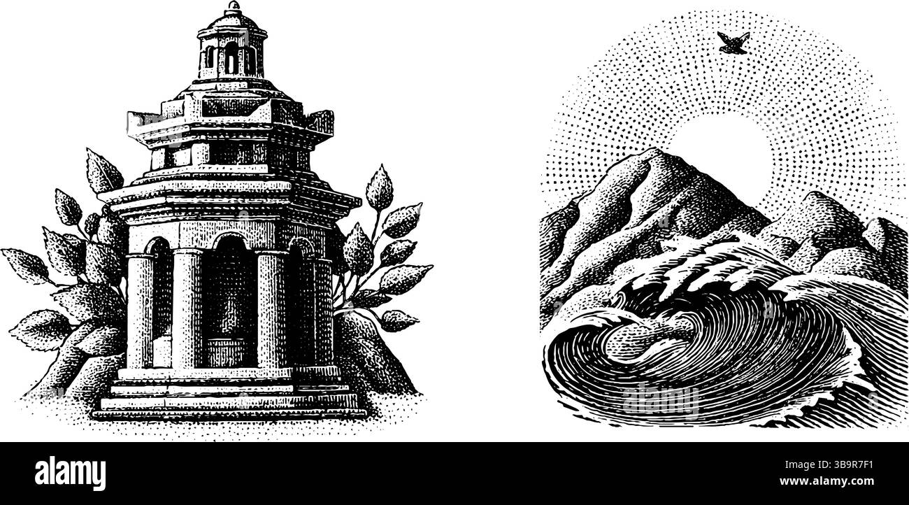 Set illustrativo inciso con la storica torre dell'acquedotto e la scena naturale. Illustrazione Vettoriale