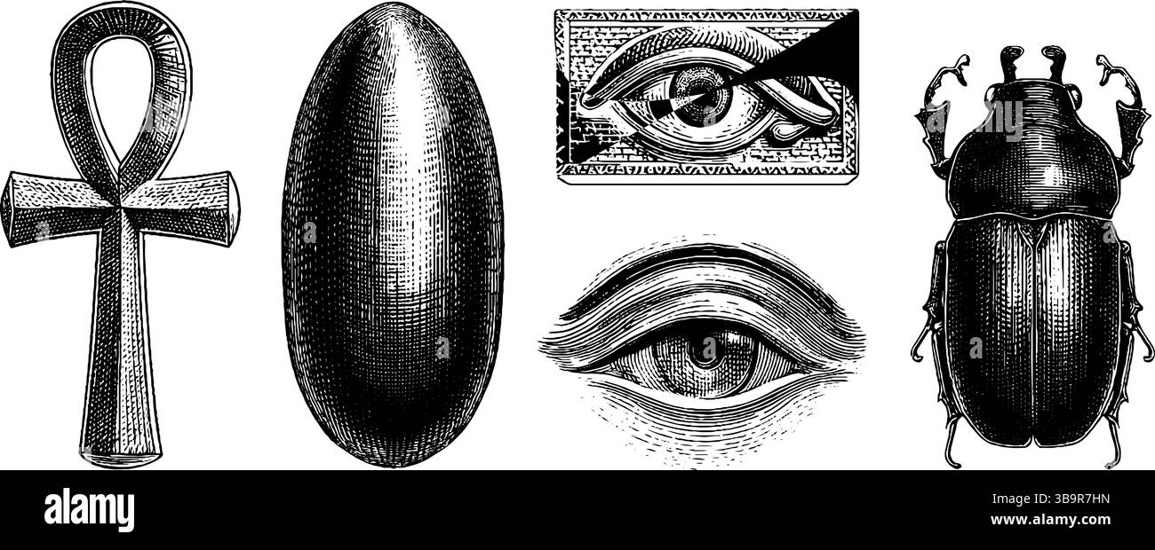 Simboli egizi antichi: ankh, occhio di horus e illustrazioni scarabeo per il design storico. Illustrazione Vettoriale