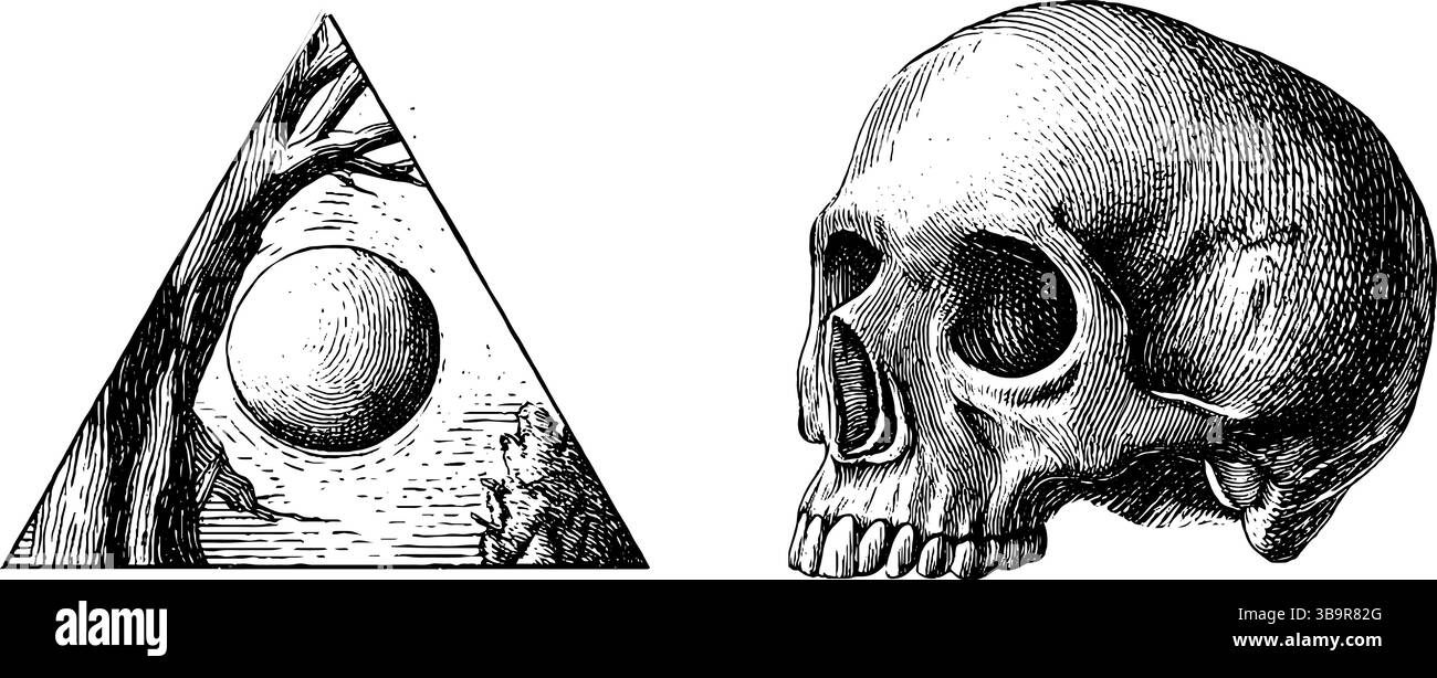Intricato triangolo magico inciso e teschio artistico per il design. Illustrazione Vettoriale
