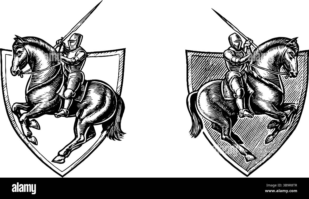 Cavaliere medievale a cavallo con illustrazioni incise per design e decorazioni storiche. Illustrazione Vettoriale