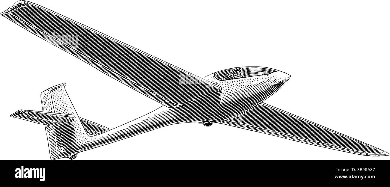 Illustrazione incisa di un aliante con linee nere audaci per un design aeronautico. Illustrazione Vettoriale