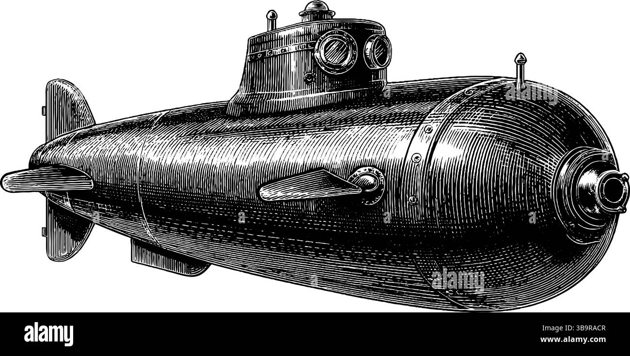 Incisione vintage del primo design sottomarino per gli appassionati di storia nautica. Illustrazione Vettoriale
