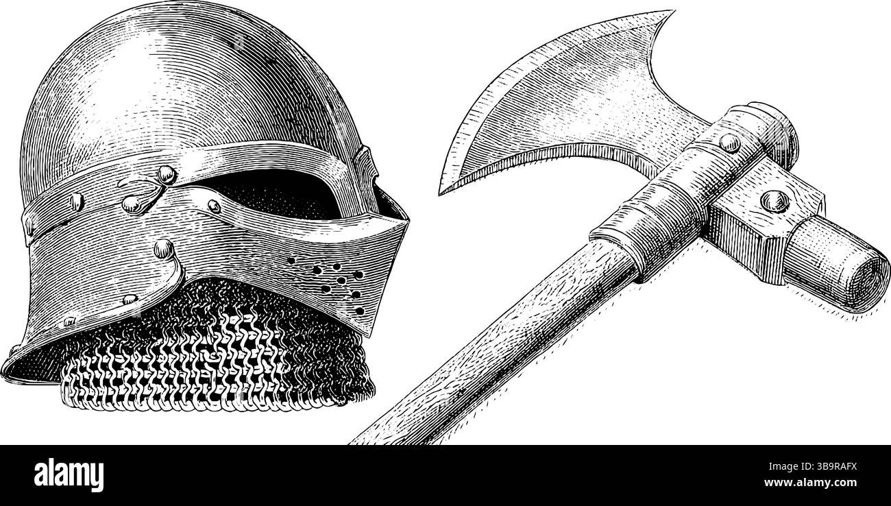 Elementi dell'armatura medievale con elmetto inciso e design a catena per illustrazioni storiche. Illustrazione Vettoriale