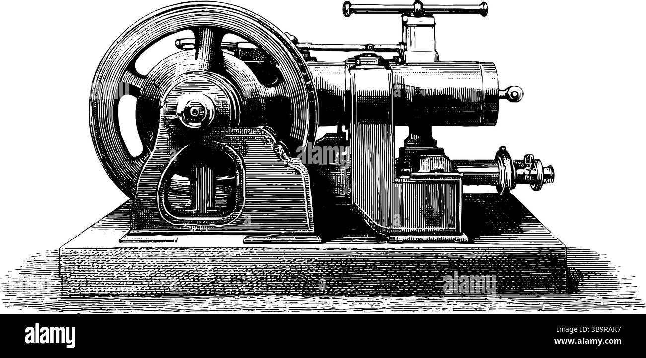 Incisione storica di un primo motore a vapore per uso didattico e di progettazione. Illustrazione Vettoriale