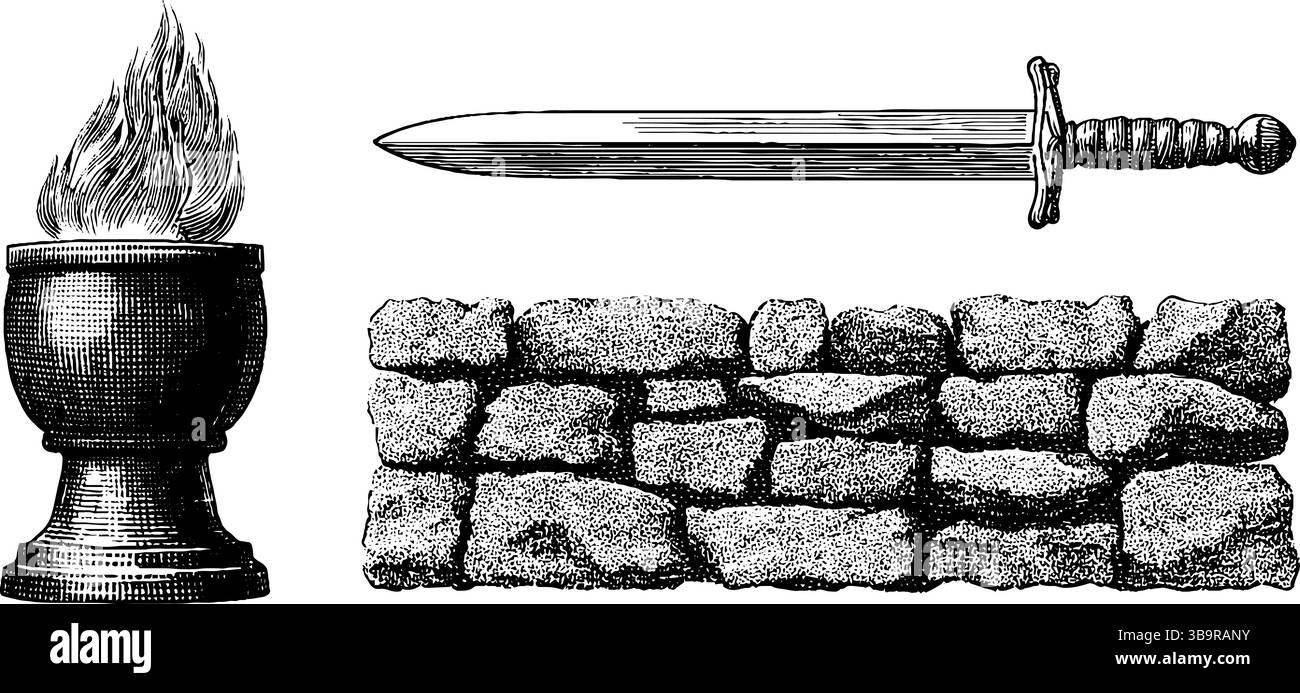 Set medievale inciso con torcia, spada e muro di pietra per un design storico. Illustrazione Vettoriale