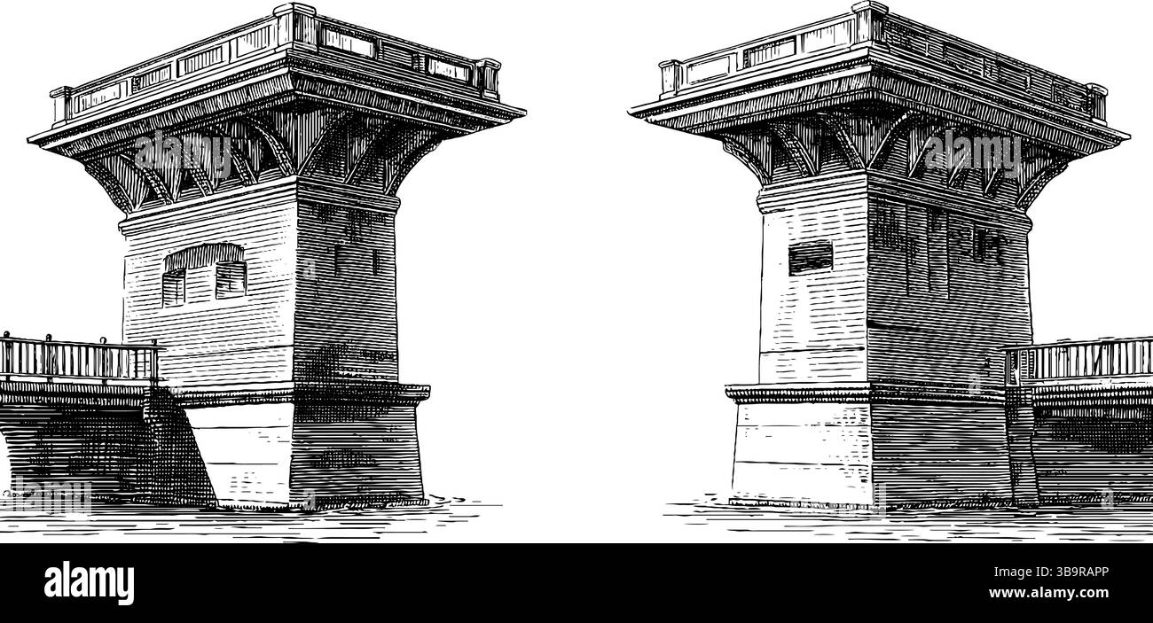 Incisione vintage di uno storico ponte levatoio con dettagli architettonici complessi. Illustrazione Vettoriale