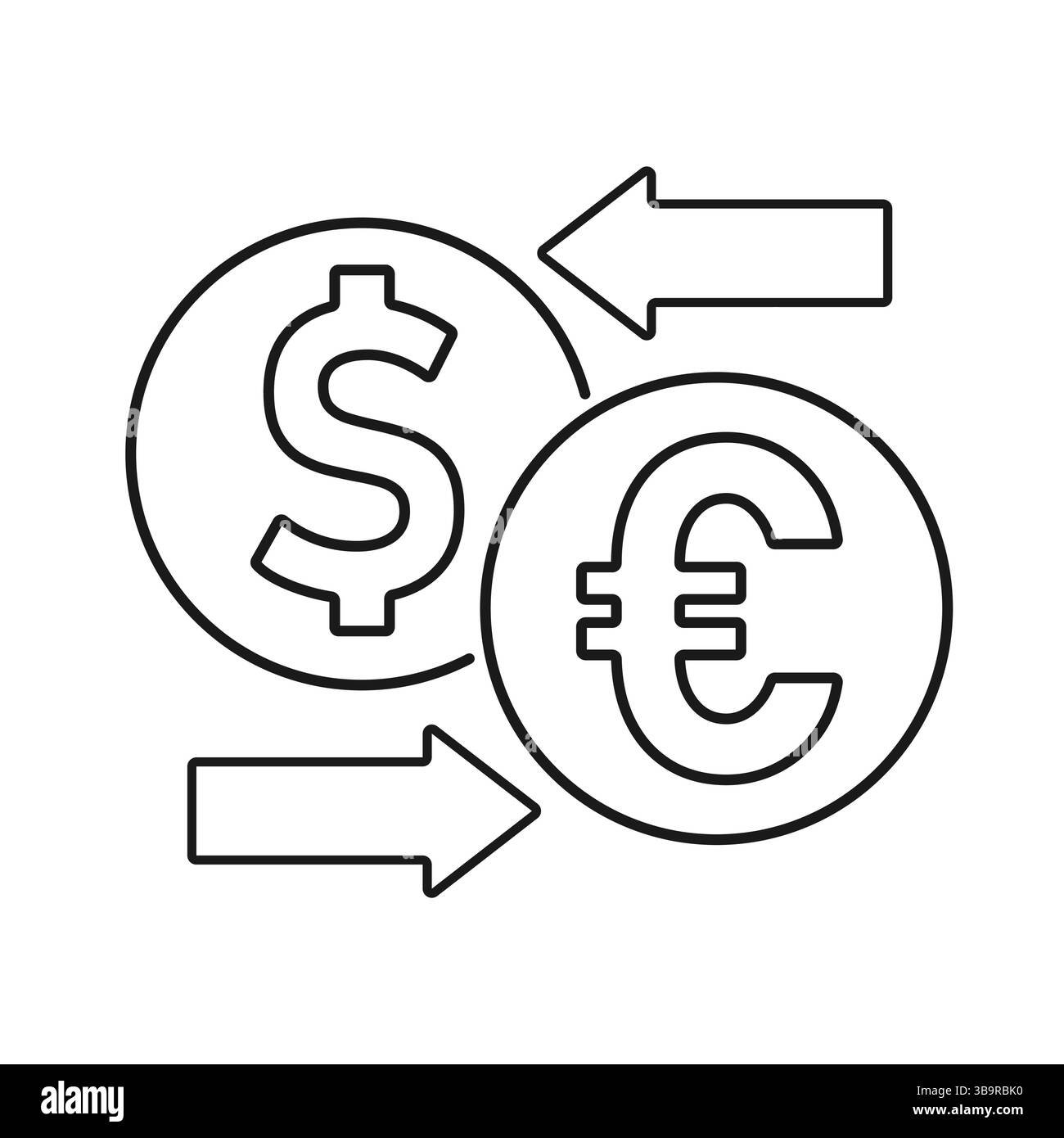 Icona di cambio valuta con simboli di dollaro ed euro e due frecce, contorno nero minimo su sfondo bianco. Transazione internazionale, soldi Illustrazione Vettoriale