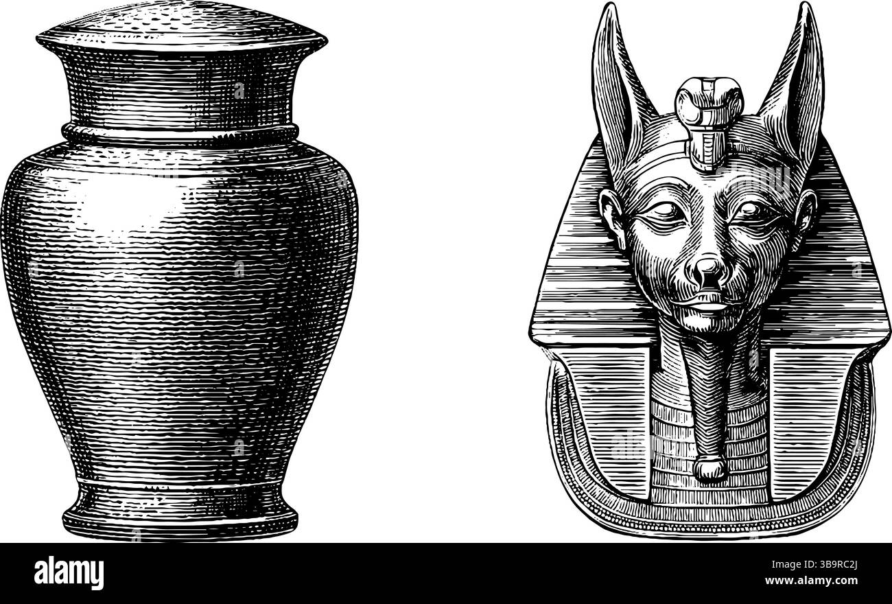 Illustrazione incisa di vaso canopico e figura a testa di sciacallo per un design storico. Illustrazione Vettoriale