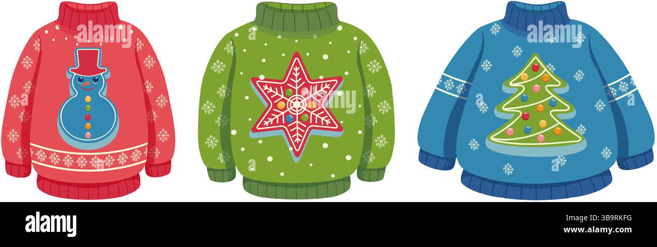 Maglioni natalizi brutti con disegni colorati di Babbo Natale, pupazzo di neve, stella e albero di Natale. Illustrato su sfondo bianco. Ideale per l'inverno Illustrazione Vettoriale