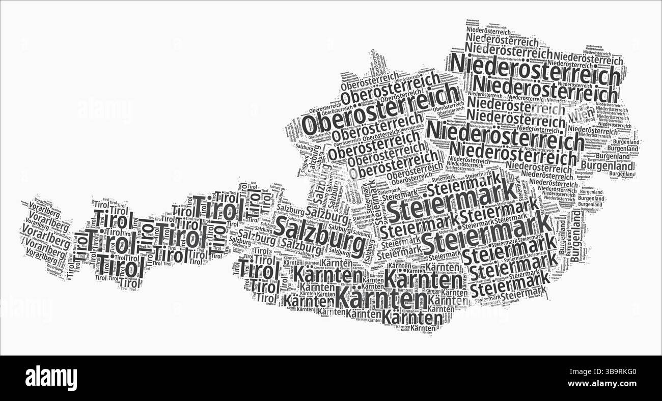 Regioni stile testo Austria. La regione del paese nomina nuvole di parole in lingua tedesca. Illustrazione del vettore di tendenza. Illustrazione Vettoriale