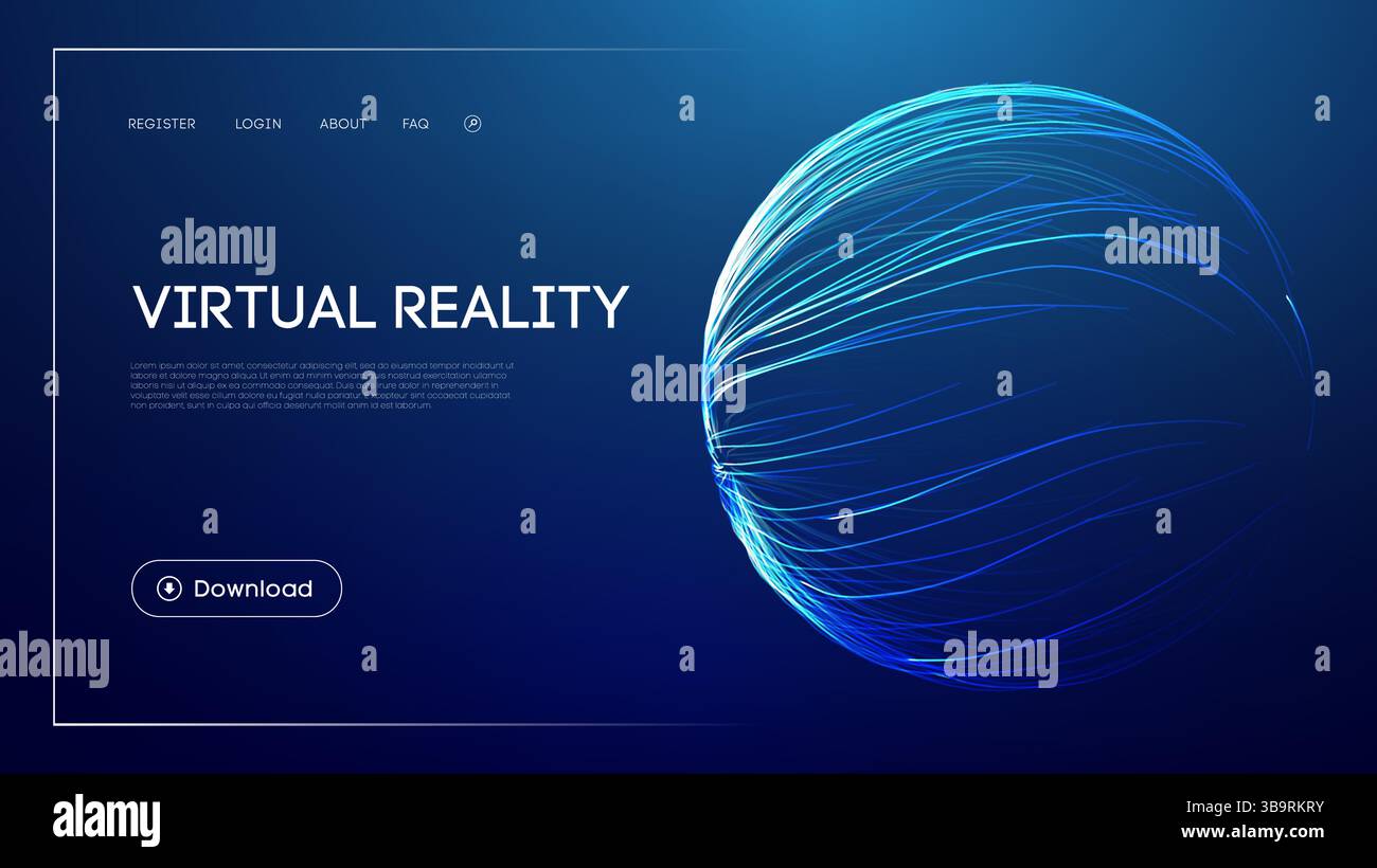 Tecnologia di realtà virtuale con sfera astratta luminosa, sfondo blu futuristico, esperienza digitale immersiva, concetto di simulazione 3D e moderno Illustrazione Vettoriale