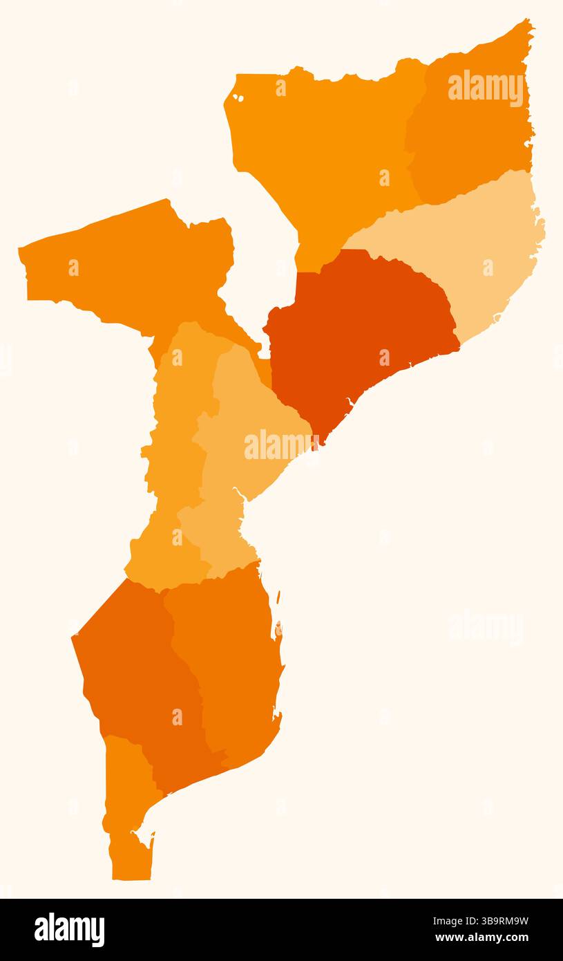 Mappa del Mozambico con le regioni. Solo una semplice mappa di confine con la divisione della regione. Tavolozza dei colori arancione. Illustrazione Vettoriale