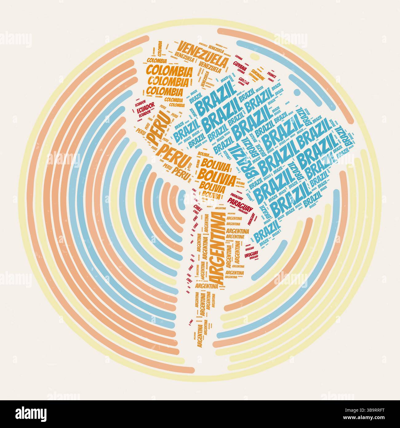 Poster rotondo del Sud America. Immagine tipografica del continente. Paesi nuvole di parole del Sud America. Design vintage con texture graffiante. Illustrazione Vettoriale