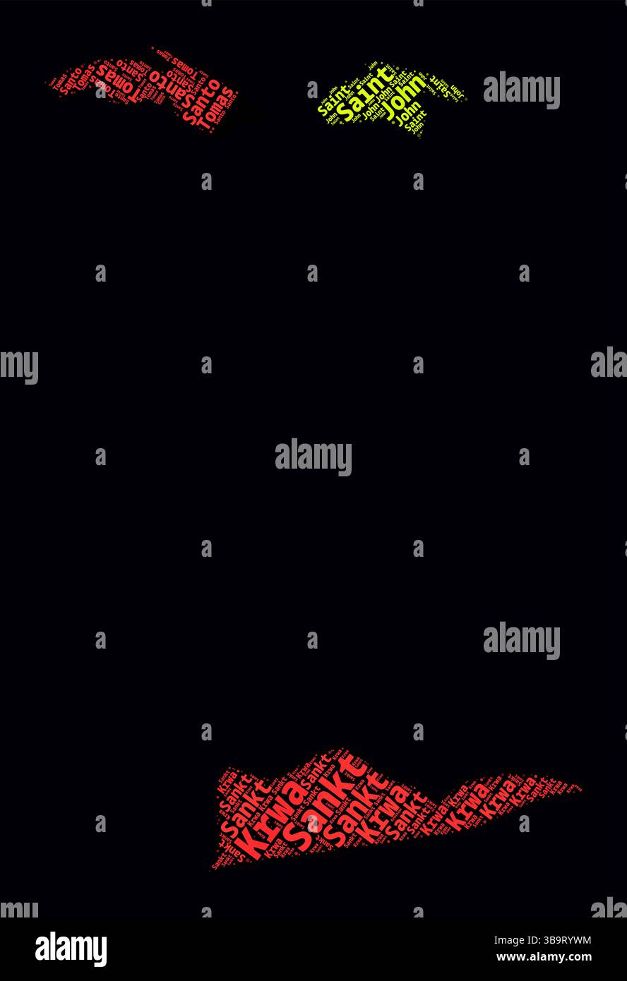 Word Clouds nelle regioni delle Isole Vergini americane. Design luminoso in stile neon su sfondo scuro. Nomi delle regioni del paese in lingua inglese. Illustrazione Vettoriale