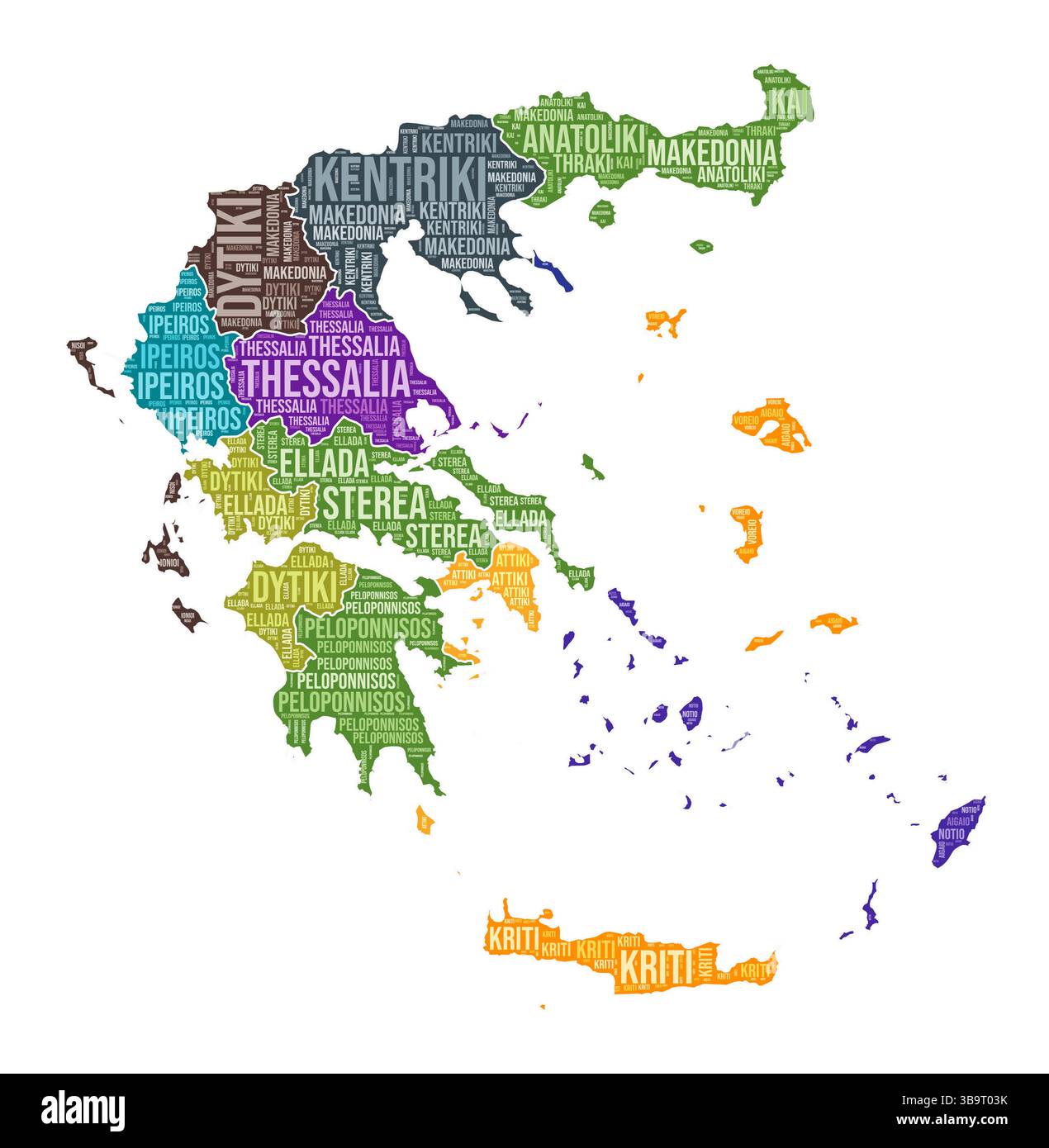 Forma greca. Cloud di parole del paese con divisione regionale. Illustrazione a colori per la Grecia. Fumetto nomi area. Illustrazione vettoriale. Illustrazione Vettoriale