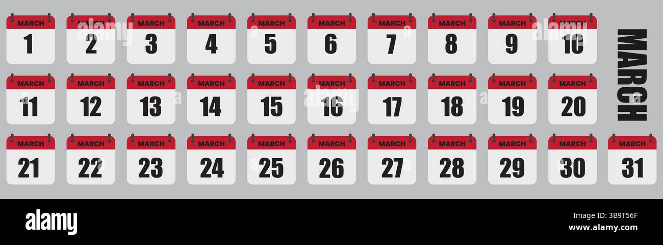 Giorni di calendario di marzo impostazione mese completo, date 1a - 31a illustrazione vettore Illustrazione Vettoriale