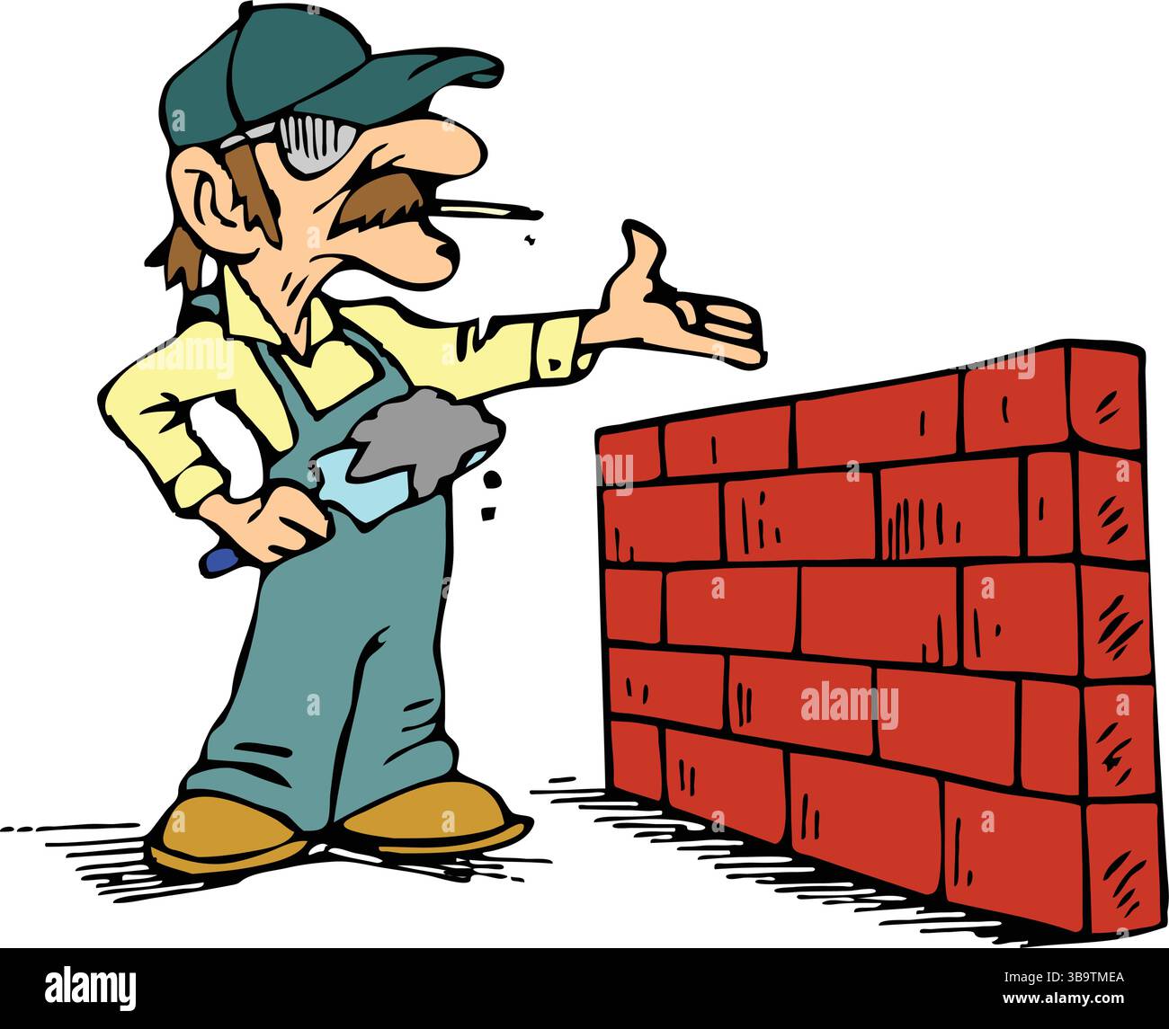 Sito in costruzione mason lavoratore nel casco edificio di mattoni rossi a parete con cazzuola illustrazione vettoriale Illustrazione Vettoriale