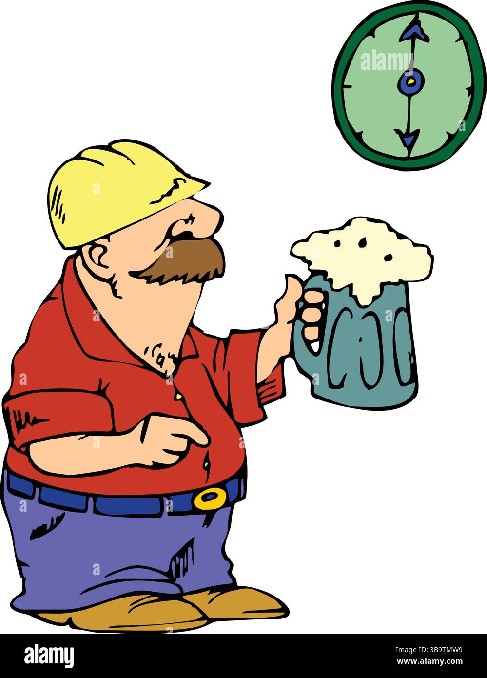 Un'illustrazione astratta del vettore mostra un uomo operaio che beve birra in stile cartoni animati Illustrazione Vettoriale