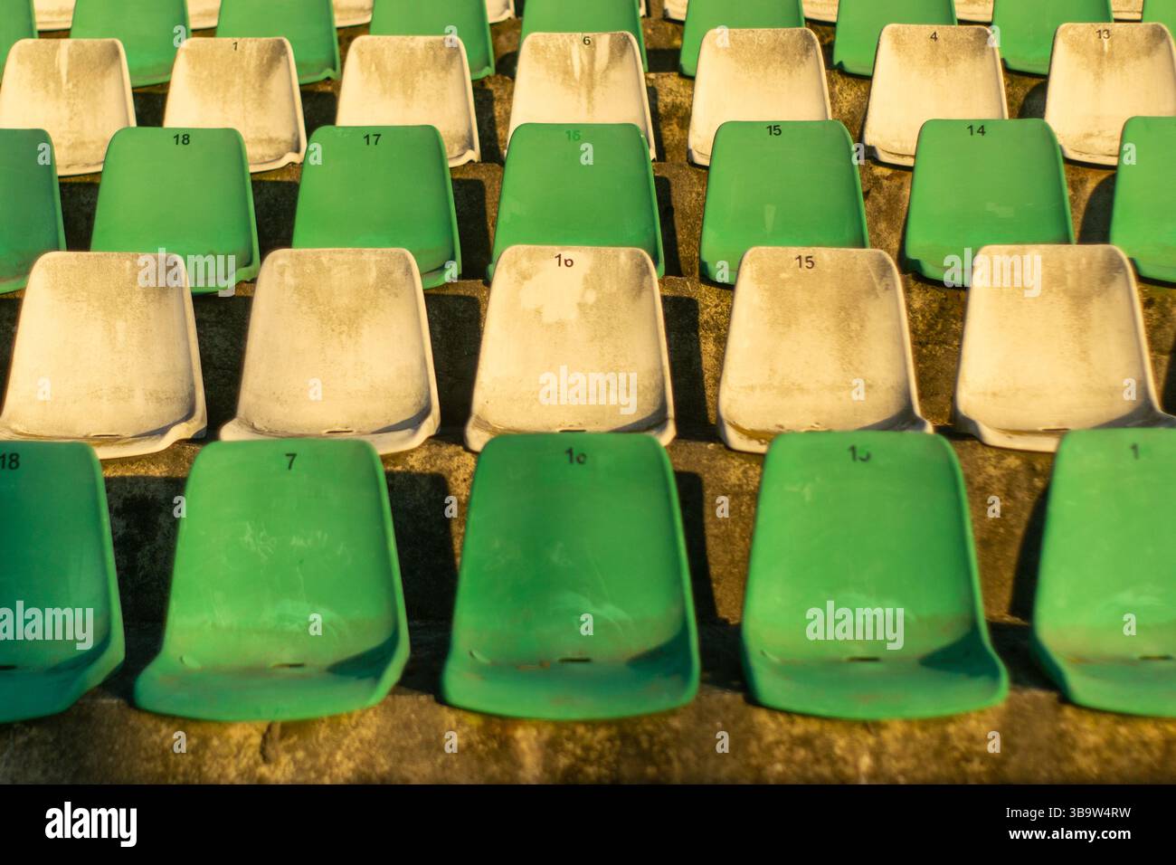 Posti a sedere Empty Green e White Stadium Foto Stock