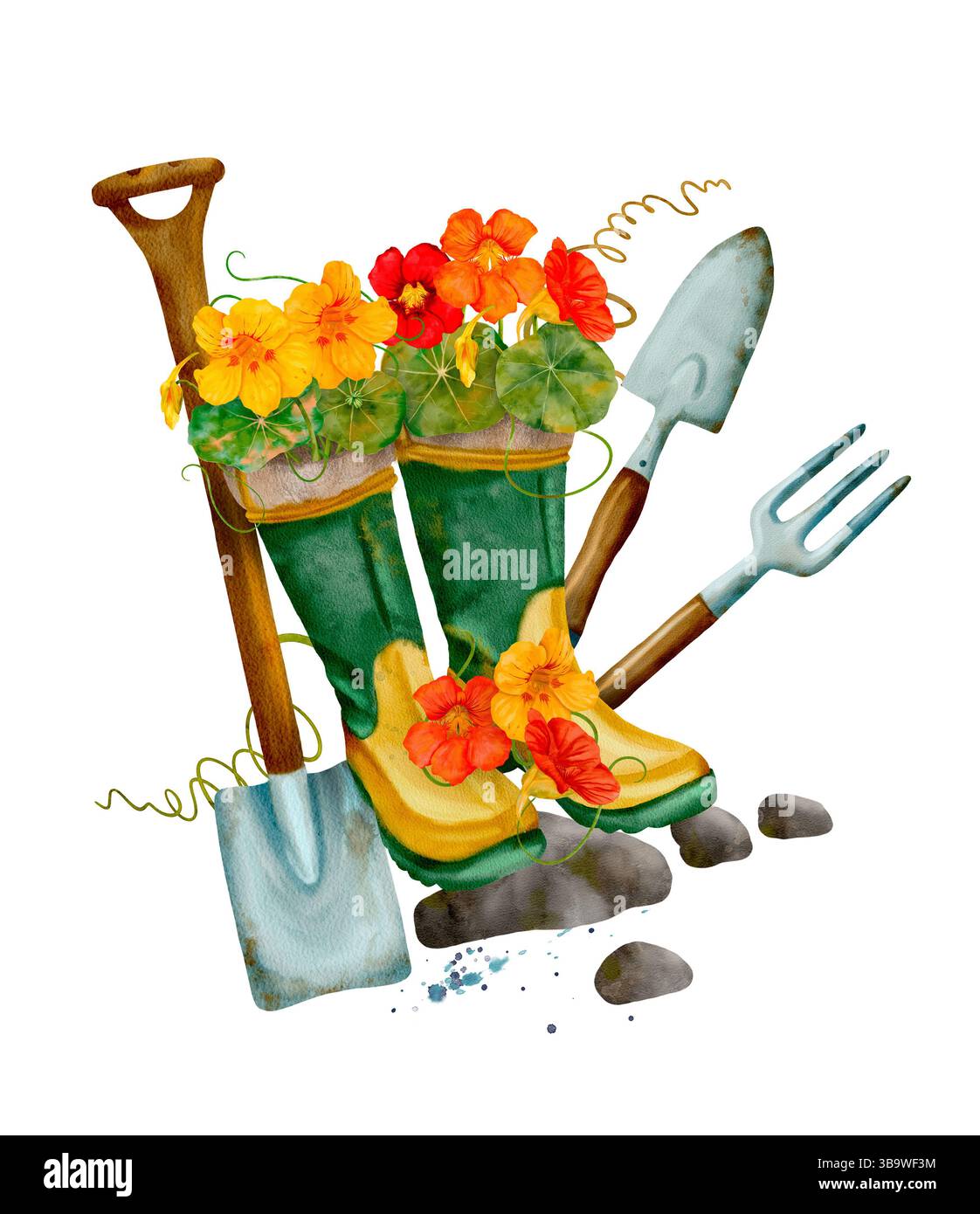 Stivali da giardinaggio colorati pieni di fiori, attrezzi essenziali e pietre uniche per un ambiente vivace. Composizione ad acquerello disegnata a mano isolata su sfondo trasparente. Foto Stock