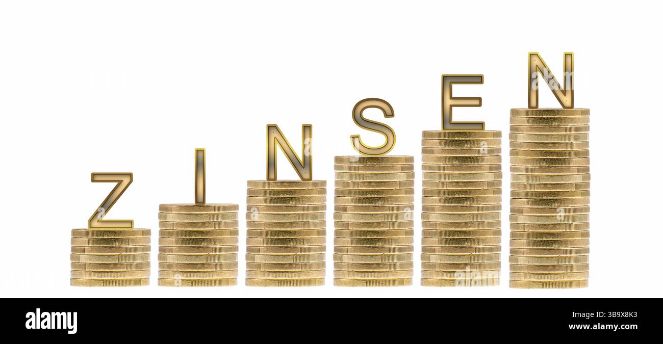 Finanzielles Wachstum visualisiert mit gestapelten Münzen und Buchstaben, Die das Interesse an einem konzeptionellen Design darstellen Foto Stock