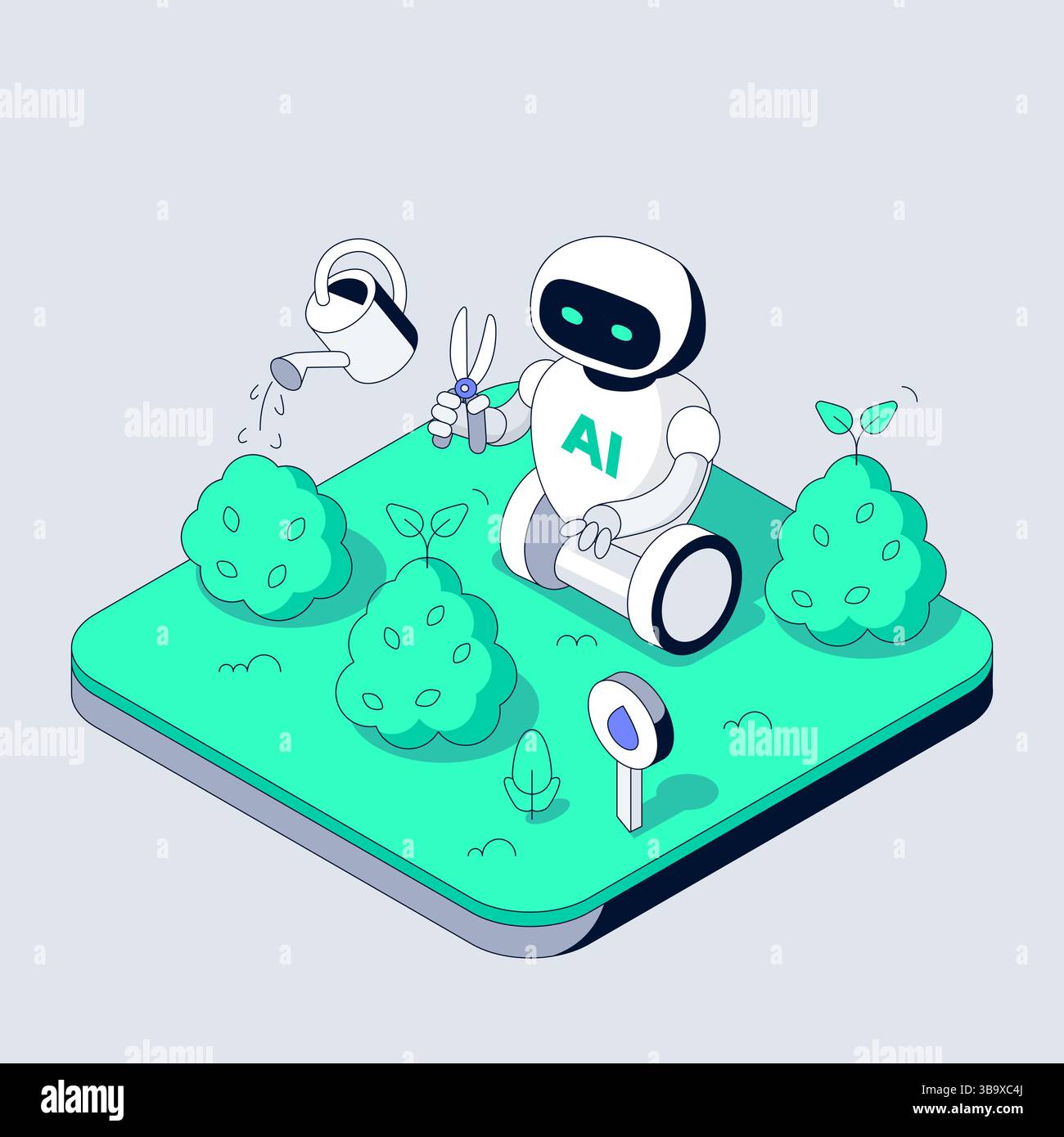Robot autonomo giardiniere bagna le piante e rifinisce le boccole. Smart ai monitora l'umidità del suolo con i sensori Illustrazione Vettoriale