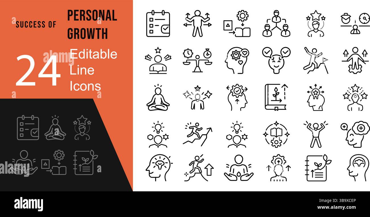 Il successo di Personal Growth Editable Icons imposta l'illustrazione vettoriale nello stile moderno della linea sottile dello stile di vita umano icone: Vita personale, mentale e lavorativa Illustrazione Vettoriale