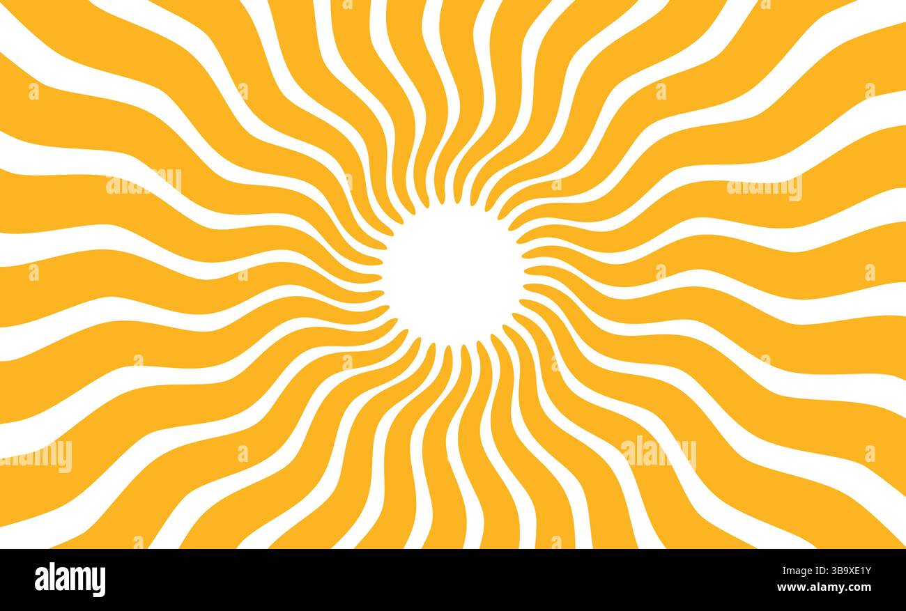 Sfondo dei raggi solari gialli. Raggi ondulati in stile gotico. Poster abstract Sun burst. Consistenza psichedelica. design anni '70, '80. Linee d'onda radiali. Vettore Illustrazione Vettoriale