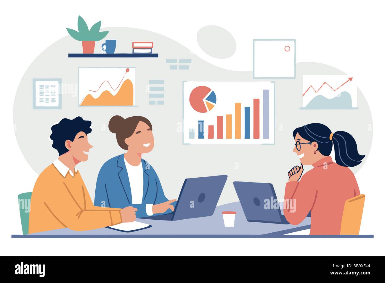 Collaborazione sul lavoro di squadra riunioni aziendali grafici di crescita analisi dei dati colleghi d'ufficio laptop pianificazione strategica successo Illustrazione Vettoriale