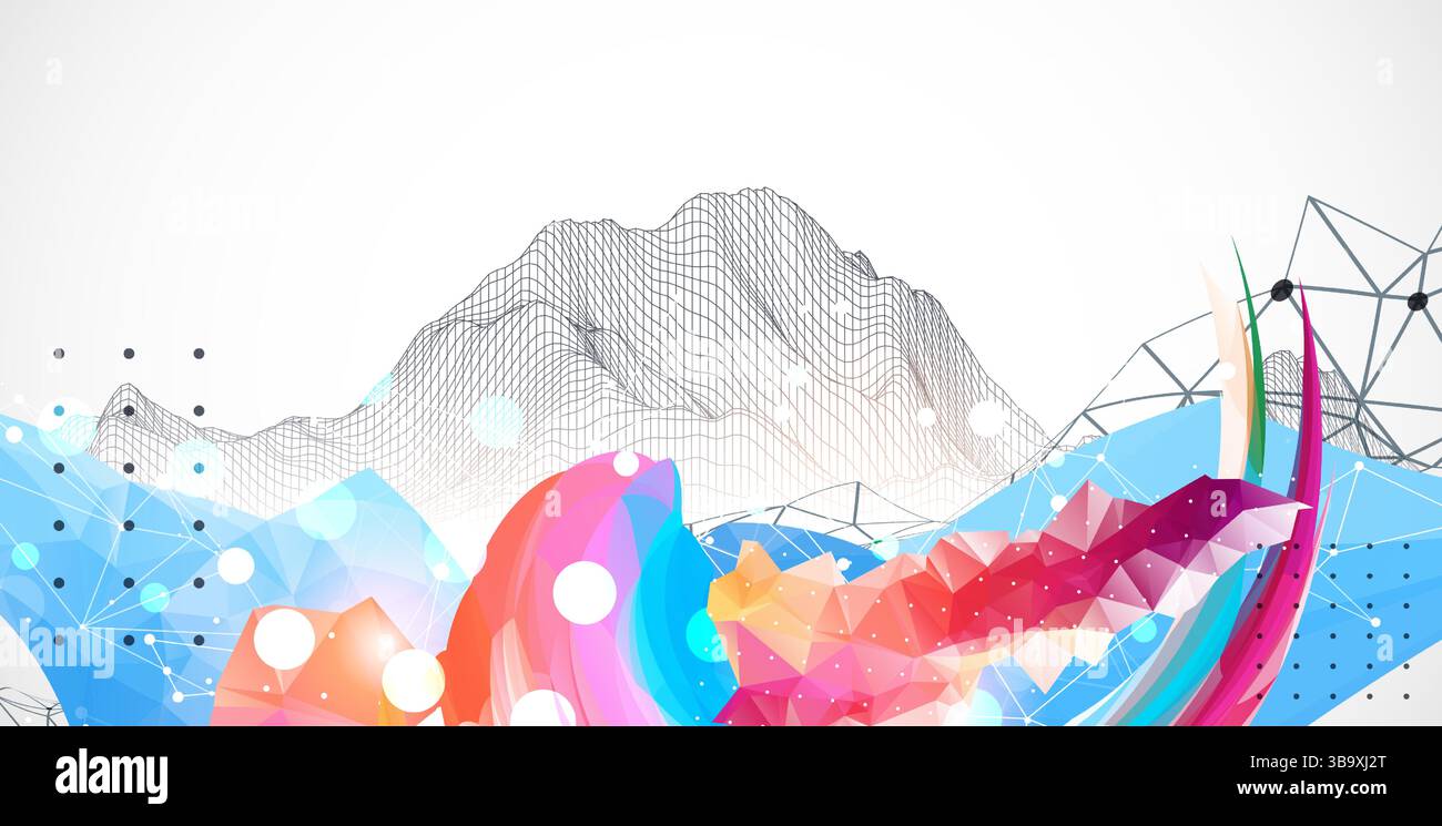 Opere d'arte astratte con onde colorate, forme poligonali e montane a reticolo. Vettore Illustrazione Vettoriale