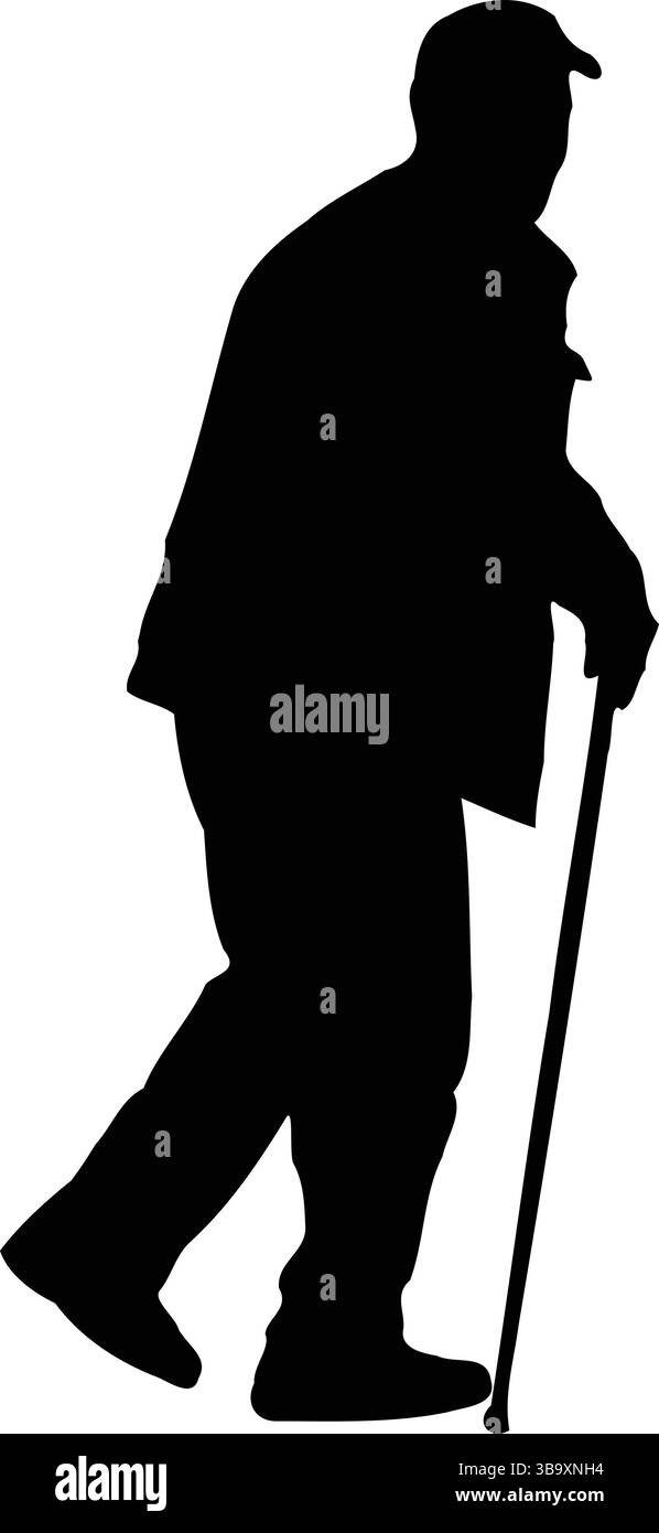 Silhouette di una persona che cammina con un bastone, indossa un cappello e una giacca, che rappresenta la mobilità, l'indipendenza e uno stile classico e misterioso Illustrazione Vettoriale