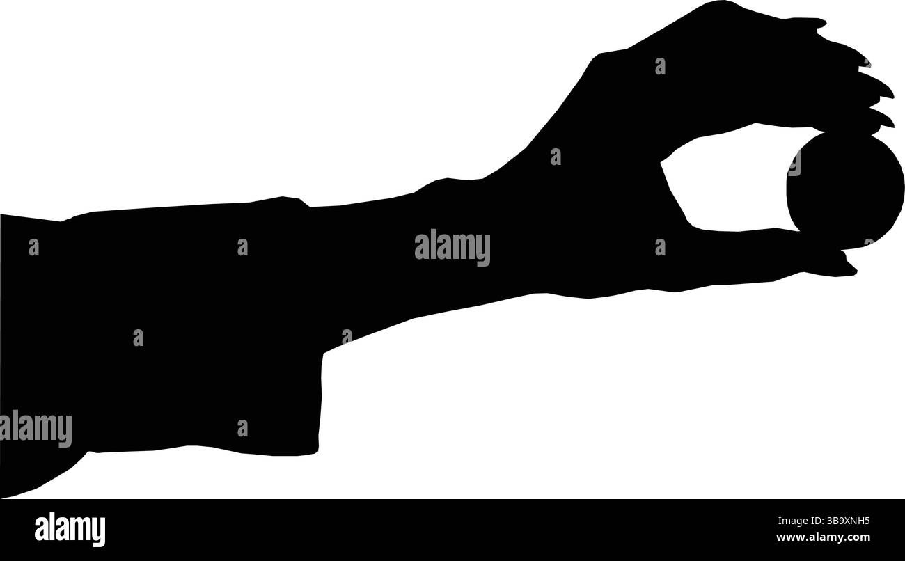 Sagoma di una mano che regge un piccolo oggetto rotondo, possibilmente una moneta o una palla, illustrazione concettuale minimalista in bianco e nero Illustrazione Vettoriale