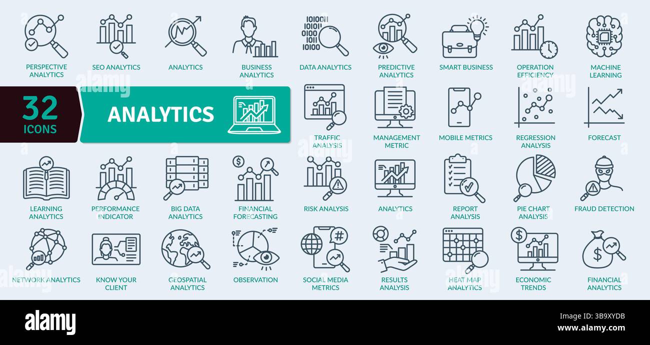 Raccolta di icone Data Analytics: 32 illustrazioni della linea di Business Intelligence Illustrazione Vettoriale