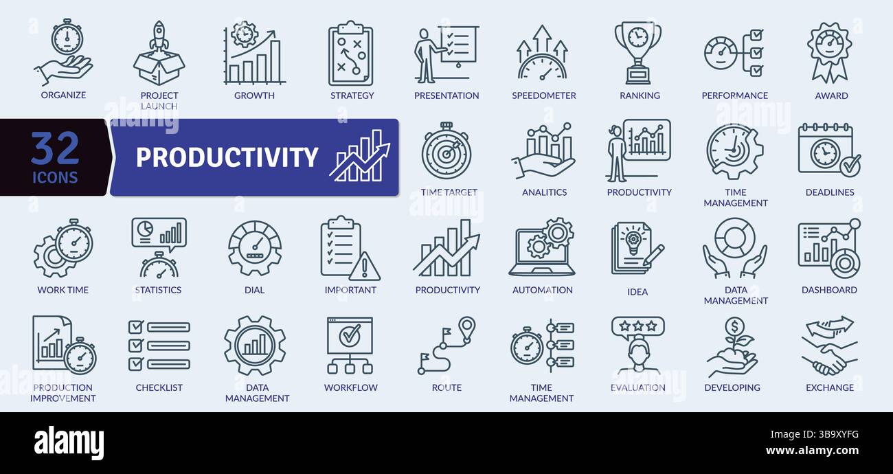Set di icone Productivity and Business Management: 32 illustrazioni Professional Line Illustrazione Vettoriale