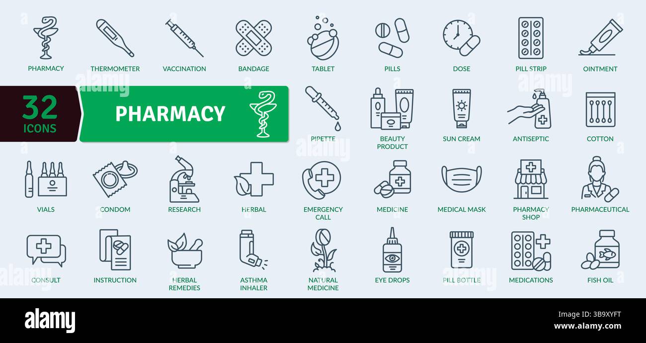 Collezione icona farmacia e assistenza sanitaria: 32 illustrazioni della linea medica Illustrazione Vettoriale