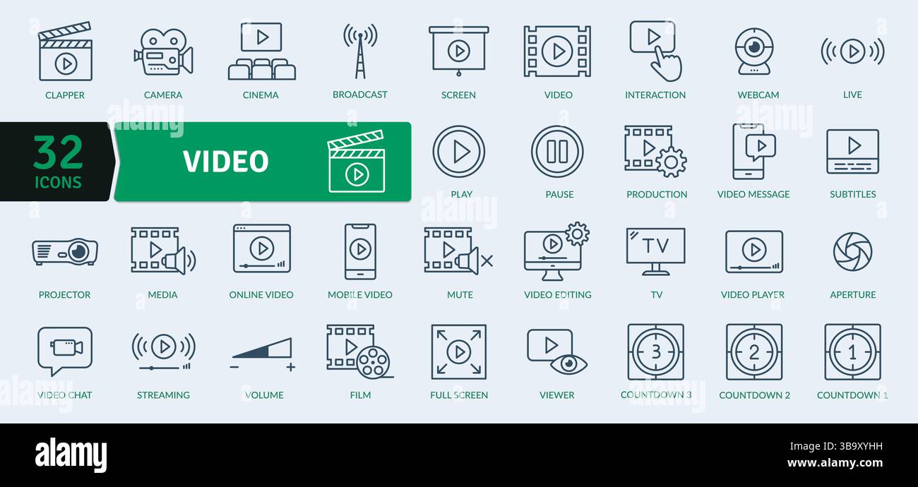 Icone distinte relative a video e contenuti multimediali: 32 illustrazioni Professional Line Illustrazione Vettoriale