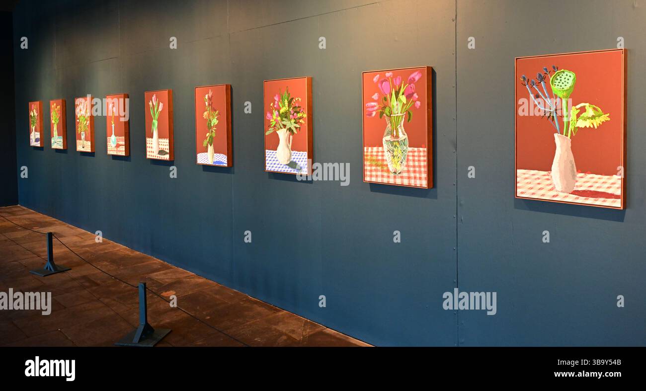 David Hockney, i Pad Paintings, venti fiori per il 2025 e alcuni quadri più grandi, Saltaire, West Yorkshire Foto Stock