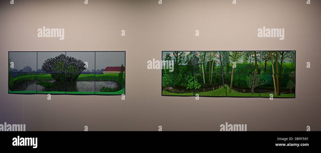 David Hockney, i Pad Paintings, venti fiori per il 2025 e alcuni quadri più grandi, Saltaire, West Yorkshire Foto Stock